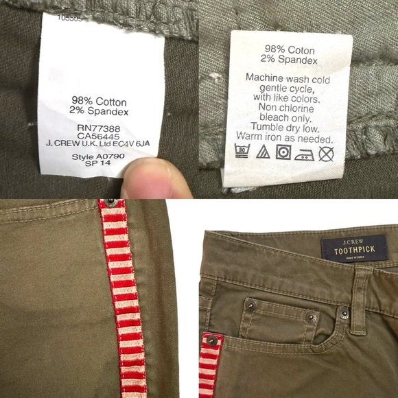 J. Crew Ankle Jeans Olive Cropped Vertical Contrasting Red and White Stripes 27 - Picture 5 of 16